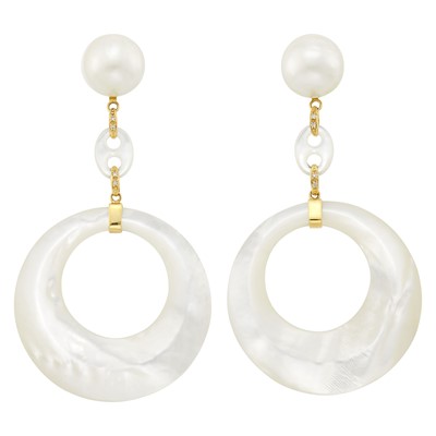 Lot 128 - Pair of Gold, Mother-of-Pearl and Mabé Pearl Hoop Pendant-Earrings
