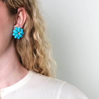 Lot 22 - Pair of Gold, Turquoise and Diamond Flower Earclips