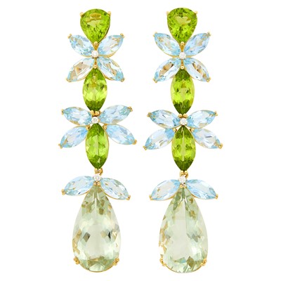 Lot 1053 - Pair of Gold, Blue Topaz, Peridot, Green Quartz and Diamond Pendant-Earclips