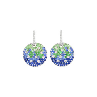 Lot 60 - Pair of White Gold, Tsavorite Garnet, Sapphire and Diamond Pendant-Earrings