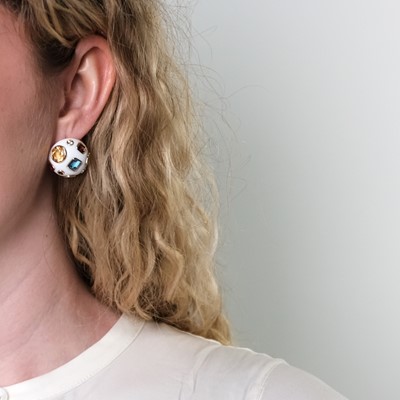 Lot 19 - Pair of Gold, White Agate and Colored Stone Earrings
