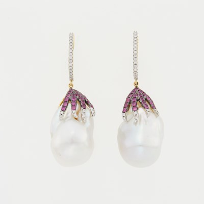 Lot 1030 - Pair of Gold, Baroque Freshwater Pearl, Ruby and Diamond Pendant-Earrings
