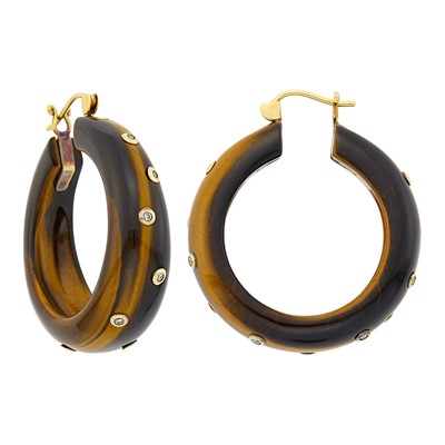 Lot 33 - Pair of Gold, Tiger's Eye and Diamond Hoop Earrings
