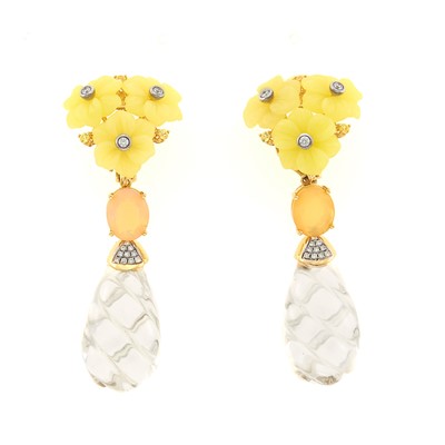 Lot 1058 - Pair of Gold, Carved Rock Crystal, Opal, Yellow Chalcedony, Yellow Sapphire and Diamond Pendant-Earclips