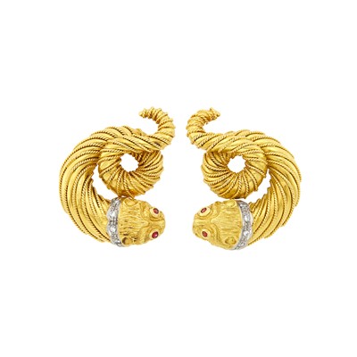 Lot 119 - Ilias Lalaounis Pair of Gold, Diamond and Ruby 'Chimera' Earclips