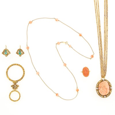 Lot 1244 - Group of Antique Gold and Coral Jewelry and Gilt-Metal Magnifying Glass