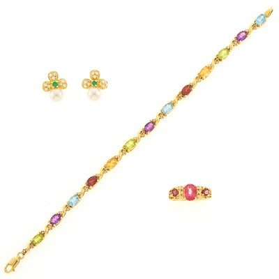 Lot 1259 - Pair of Gold, Diamond, Emerald and Cultured Pearl Earrings and Gem-Set Bracelet and Ring