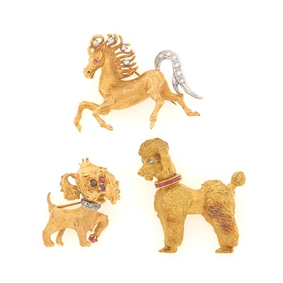 Lot 1068 - Three Two-Color Gold, Diamond and Synthetic Stone Animal Pins