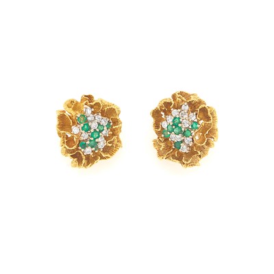 Lot 1007 - Pair of Two-Color Gold, Diamond and Emerald Earclips