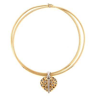 Lot 1002 - Pair of Gold Necklaces with Two-Color Gold and Diamond Heart Pendant