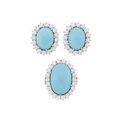 Lot 159 - Pair of White Gold, Turquoise and Diamond Earrings and Ring
