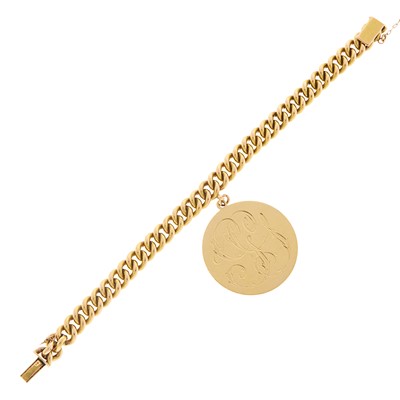 Lot 1128 - Gold Curb Link Bracelet with Gold Charm