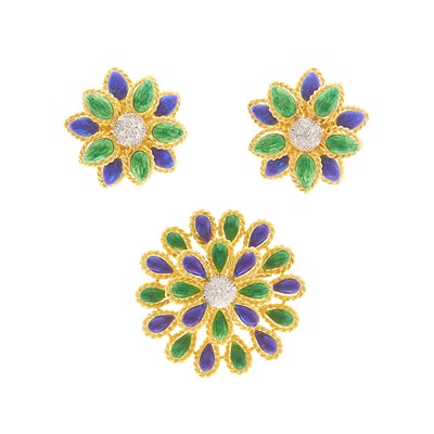 Lot 1179 - Pair of Two-Color Gold, Enamel and Diamond Flower Earclips and Brooch