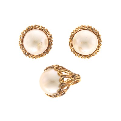 Lot 1145 - Gold and Mabé Pearl Ring and Pair of Earclips