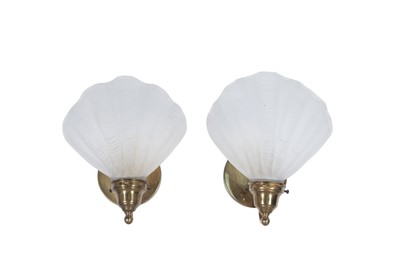 Lot 208 - Pair of Brass and Shell-Form Frosted Glass Sconces
