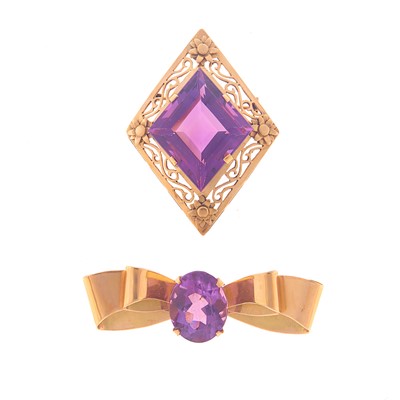 Lot 1131 - Gold and Amethyst Brooch and Pendant-Brooch