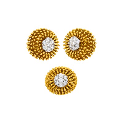 Lot 178 - Pair of Gold, Platinum and Diamond Earclips and Van Cleef & Arpels Ring