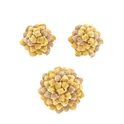 Lot 1143 - Tricolor Gold Brooch and Pair of Earclips