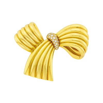Lot 29 - Van Cleef & Arpels Gold and Diamond Bow Clip-Brooch, France