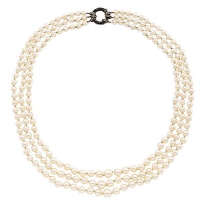 Lot 1066 - Triple Strand Cultured Pearl Necklace with White Gold, Sapphire and Diamond Clasp