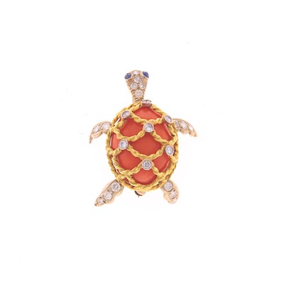 Lot 1180 - Two-Color Gold, Coral and Diamond Turtle Brooch