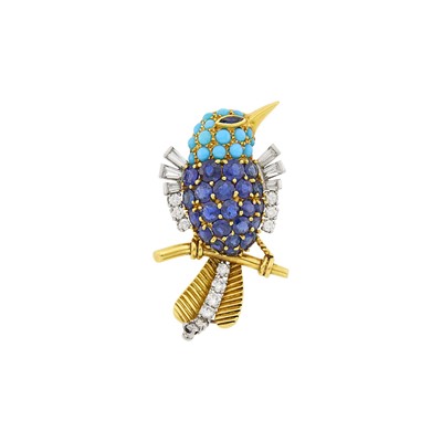 Lot 119 - Cartier Gold, Platinum, Sapphire, Turquoise and Diamond Bird Clip-Brooch