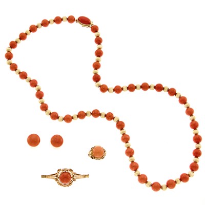 Lot 1158 - Gold and Coral Bead Necklace, Ring, Brooch and Pair of Earrings