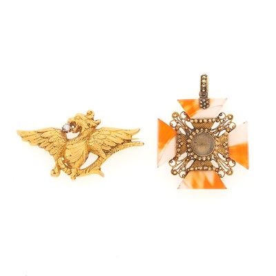 Lot 1248 - Antique Gold Griffin Brooch, France, and Silver-Gilt and Agate Maltese Cross Brooch
