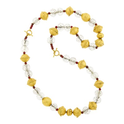 Lot 118 - Long Gold, Carved Rock Crystal and Garnet Bead Necklace/Pair of Necklaces