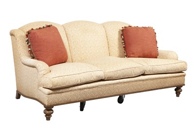 Lot 151 - Three-Cushion Upholstered Sofa and Red Pillows