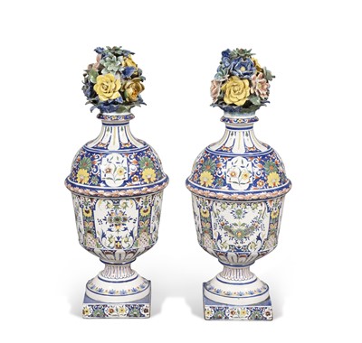 Lot 167 - Pair of Tin Glazed Covered Urns