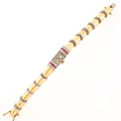 Lot 1168 - Gold, Platinum, Diamond and Ruby Bracelet-Watch