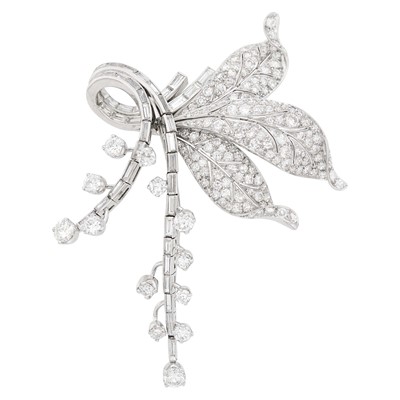 Lot 155 - Platinum and Diamond Leaf Spray Clip-Brooch