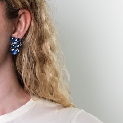 Lot 69 - Pair of White Gold, Cabochon Sapphire and Diamond Earrings