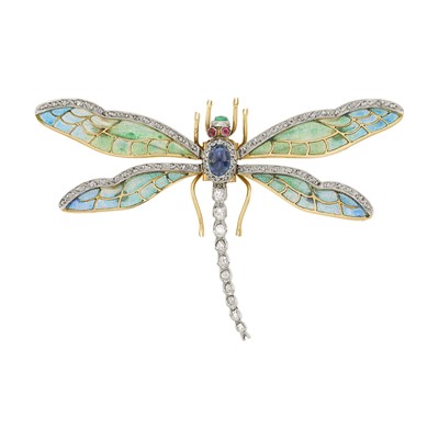 Lot 112 - Gold, Platinum, Plique-à-Jour Enamel, Diamond and Gem-Set 'En Tremblant' Dragonfly Brooch