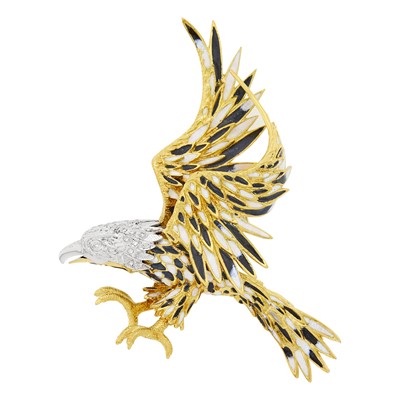 Lot 129 - Two-Color Gold, Black and White Enamel and Diamond Eagle Brooch