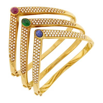 Lot 139 - Three Gold, Diamond and Cabochon Colored Stone Chevron Bangle Bracelets