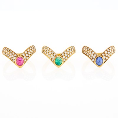 Lot 1031 - Three Gold, Diamond and Cabochon Gem-Set Rings