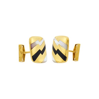 Lot 59 - Asch Grossbardt Pair of Gold, Mother-of-Pearl and Black Jade 'Bolt' Cufflinks