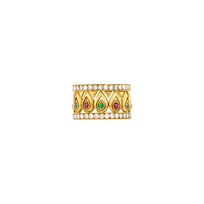 Lot 138 - Cartier Wide Gold, Diamond, Ruby and Emerald Band Ring, France