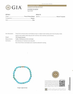 Lot 1045 - Turquoise Bead, Gold and Diamond Necklace with Gold and Diamond Clasp