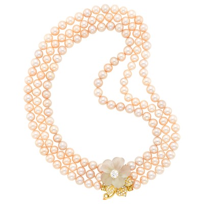 Lot 1056 - Gold, Carved Frosted Rock Crystal and Diamond Flower Pendant-Brooch/Clasp with Triple Strand PeachFreshwater Pearl Necklace