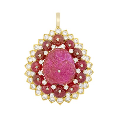 Lot 88 - Gold, Carved Ruby and Diamond Enhancer Clip-Brooch