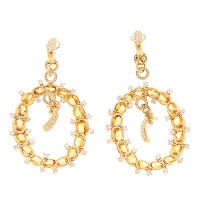 Lot 2173 - Pair of Gold, Citrine and Diamond Pendant-Earclips