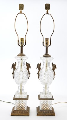 Lot 83 - Pair of Empire Style Gilt-Metal Mounted Molded Glass Lamps with Swan Mounts