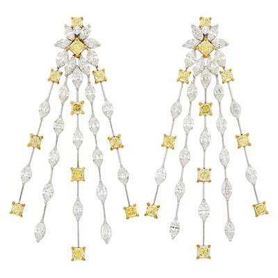 Lot 136 - Pair of Two-Color Gold, Diamond and Colored Diamond Pendant-Earclips