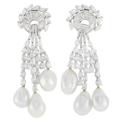 Lot 246 - Pair of Platinum, Diamond and Baroque South Sea Cultured Pearl Pendant-Earclips