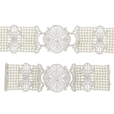 Lot 1050 - Wide White Gold, Freshwater Pearl and Diamond Mesh Choker Necklace and Bracelet