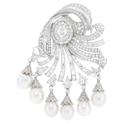 Lot 103 - Platinum, Diamond and South Sea Cultured Pearl Clip-Brooch