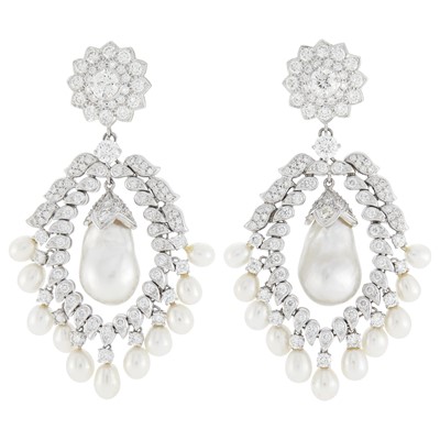 Lot 145 - Pair of Platinum, Diamond, Baroque South Sea and Cultured Pearl Pendant-Earclips